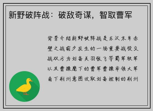 新野破阵战：破敌奇谋，智取曹军