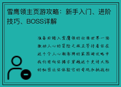 雪鹰领主页游攻略：新手入门、进阶技巧、BOSS详解